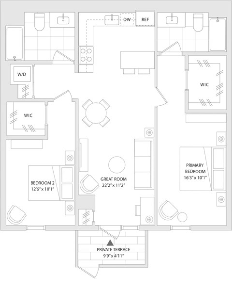 Floor plan for 2 beds, 2 baths, 1026 sqft