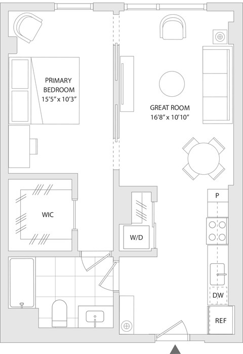 Floor plan for 1 bed, 1 bath, 692 sqft