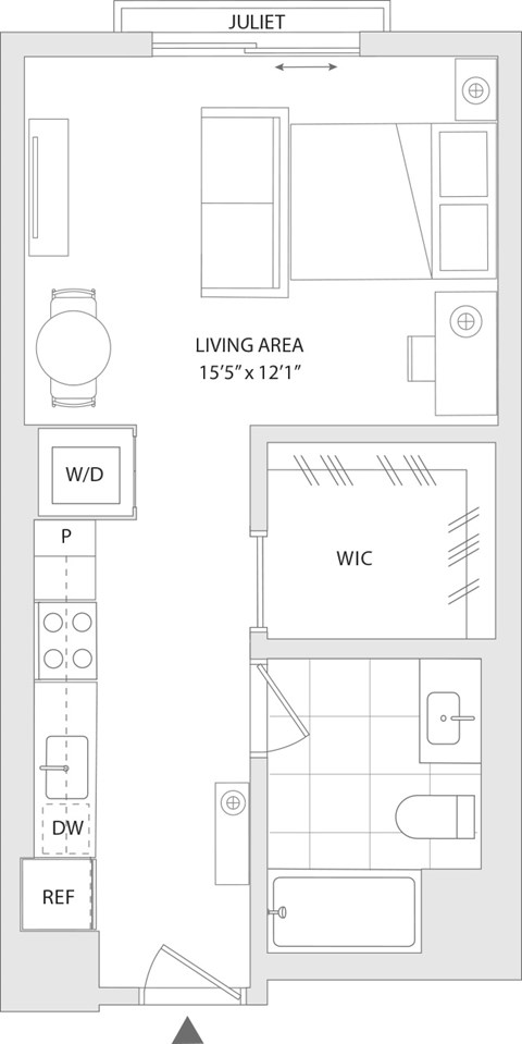 Floor plan for studio, 1 bath, 490 sqft