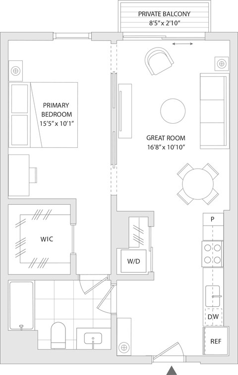Floor plan for 1 bed, 1 bath, 694 sqft