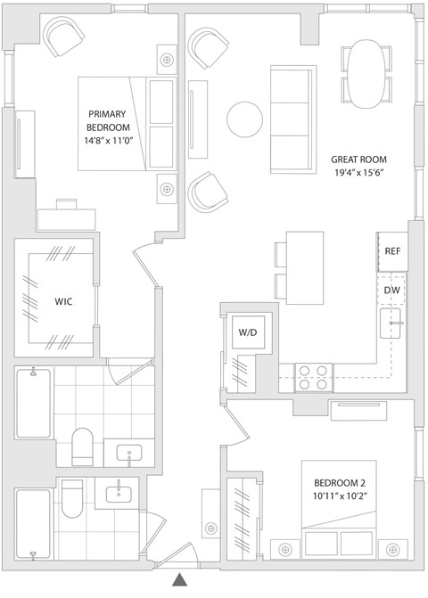 Floor plan for 2 beds, 2 baths, 1029 sqft