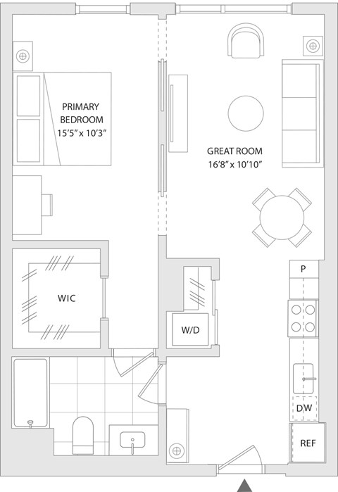 Floor plan for 1 bed, 1 bath, 694 sqft