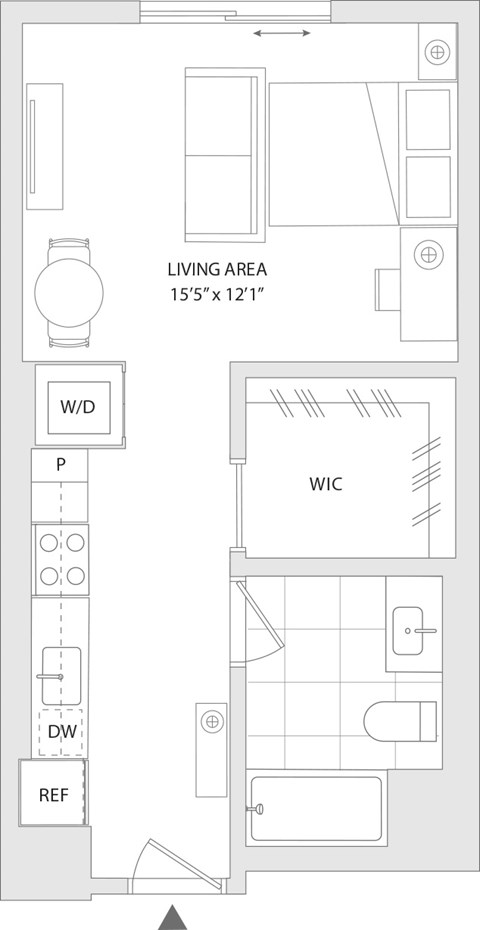 Floor plan for studio, 1 bath, 490 sqft
