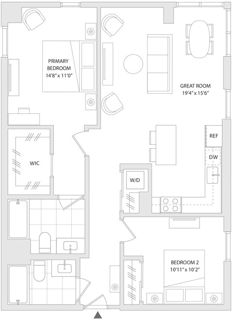 Floor plan for 2 beds, 2 baths, 1040 sqft