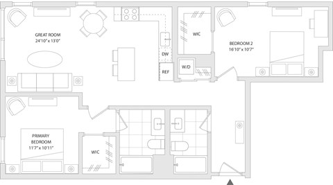 Floor plan for 2 beds, 2 baths, 1066 sqft