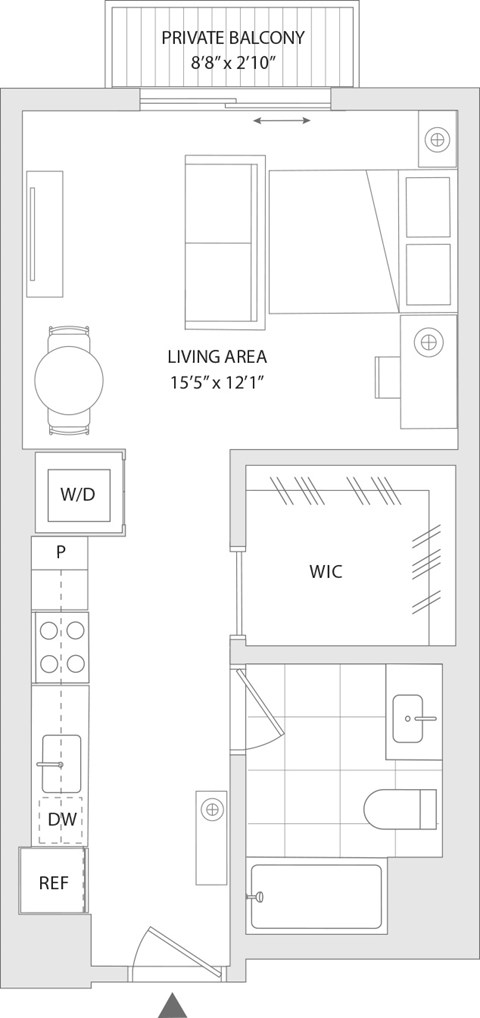 Floor plan for studio, 1 bath, 574 sqft