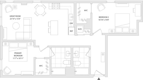 Floor plan for 2 beds, 2 baths, 1071 sqft