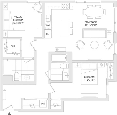 Floor plan for 2 beds, 2 baths, 1101 sqft