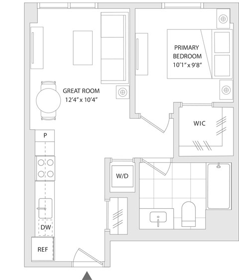 Floor plan for 1 bed, 1 bath, 553 sqft