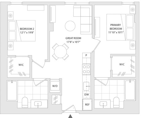 Floor plan for 2 beds, 2 baths, 858 sqft