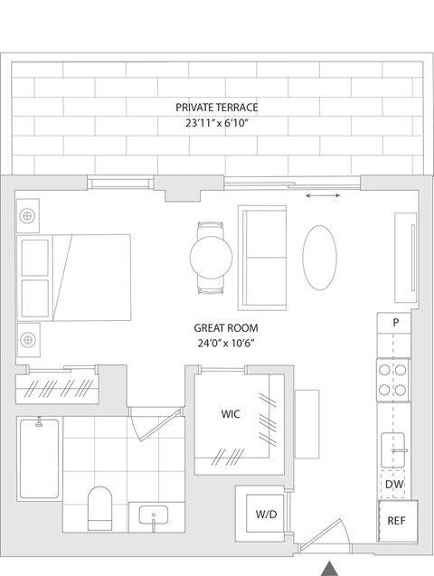 Floor plan for studio, 1 bath, 517 sqft