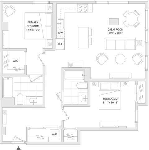 Floor plan for 2 beds, 2 baths, 1102 sqft