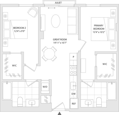 Floor plan for 2 beds, 2 baths, 884 sqft