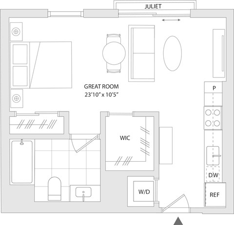 Floor plan for studio, 1 bath, 521 sqft
