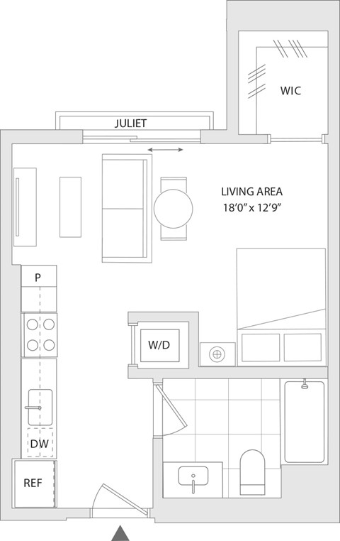 Floor plan for studio, 1 bath, 445 sqft