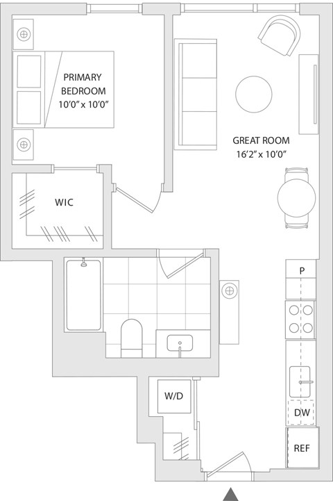 Floor plan for 1 bed, 1 bath, 564 sqft