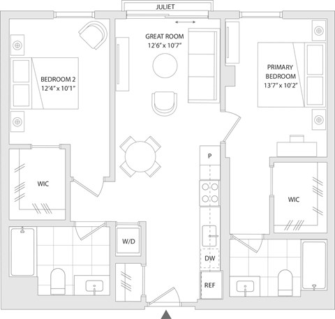 Floor plan for 2 beds, 2 baths, 919 sqft