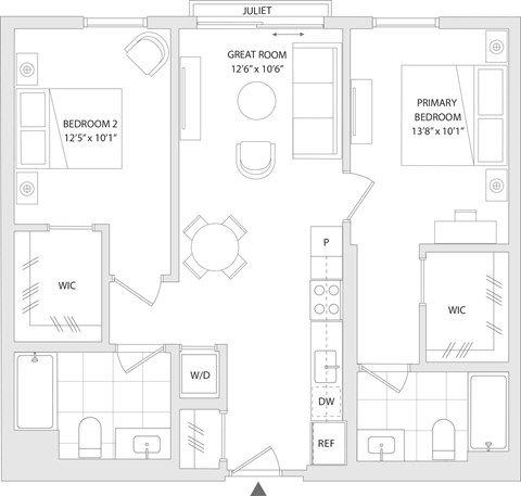 Floor plan for 2 beds, 2 baths, 919 sqft