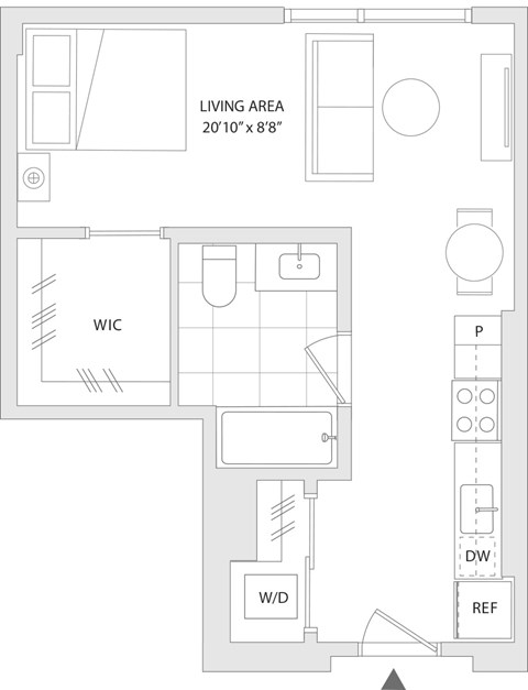 Floor plan for studio, 1 bath, 480 sqft