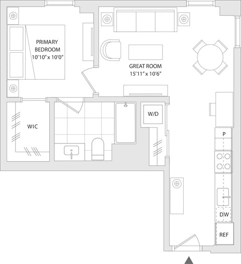 Floor plan for 1 bed, 1 bath, 601 sqft