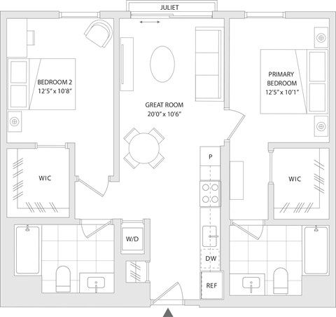 Floor plan for 2 beds, 2 baths, 923 sqft