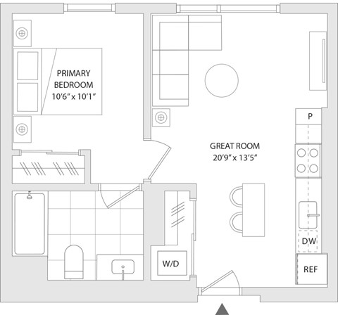Floor plan for studio, 1 bath, 529 sqft