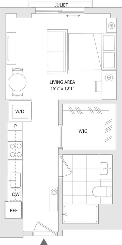 Floor plan for studio, 1 bath, 489 sqft