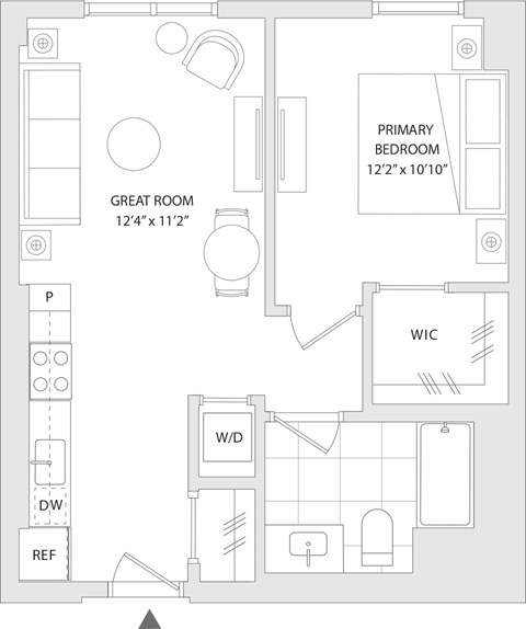Floor plan for 1 bed, 1 bath, 609 sqft