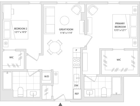 Floor plan for 2 beds, 2 baths, 941 sqft
