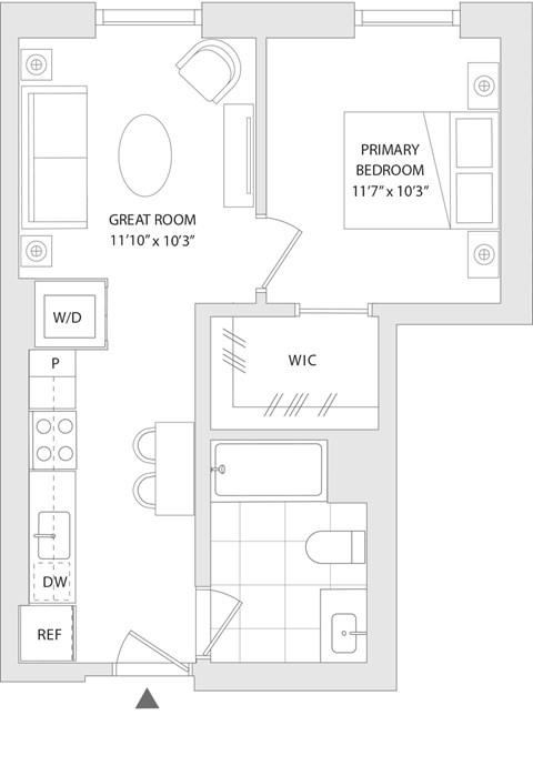 Floor plan for studio, 1 bath, 542 sqft