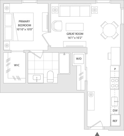 Floor plan for 1 bed, 1 bath, 623 sqft