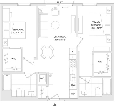 Floor plan for 2 beds, 2 baths, 949 sqft