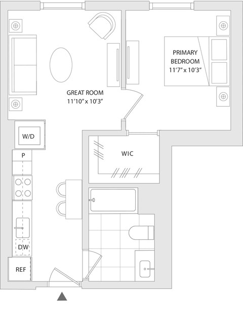 Floor plan for studio, 1 bath, 571 sqft