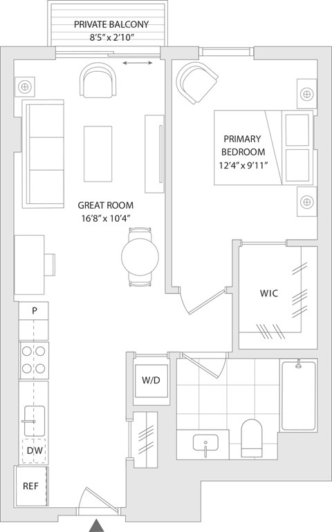 Floor plan for 1 bed, 1 bath, 627 sqft