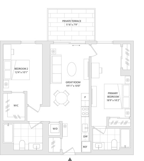 Floor plan for 2 beds, 2 baths, 951 sqft