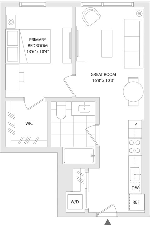 Floor plan for studio, 1 bath, 589 sqft