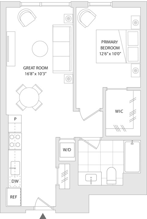 Floor plan for 1 bed, 1 bath, 636 sqft