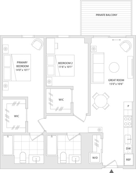 Floor plan for 2 beds, 2 baths, 993 sqft
