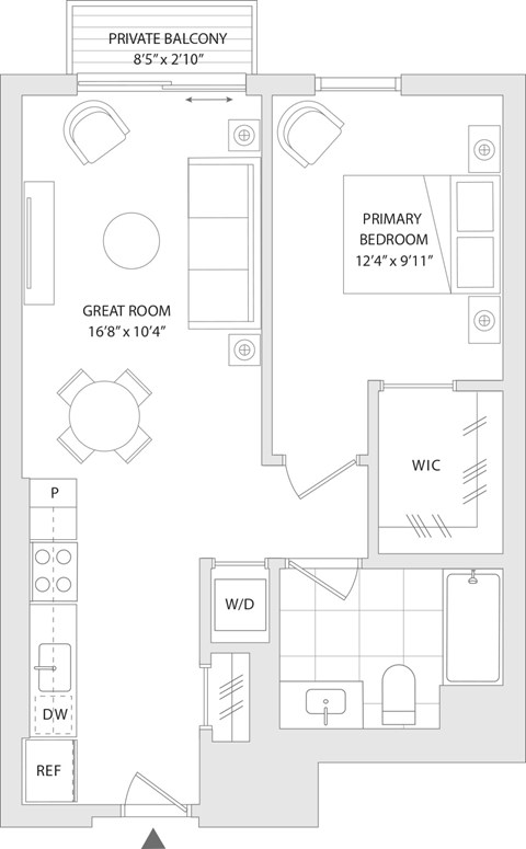 Floor plan for 1 bed, 1 bath, 636 sqft
