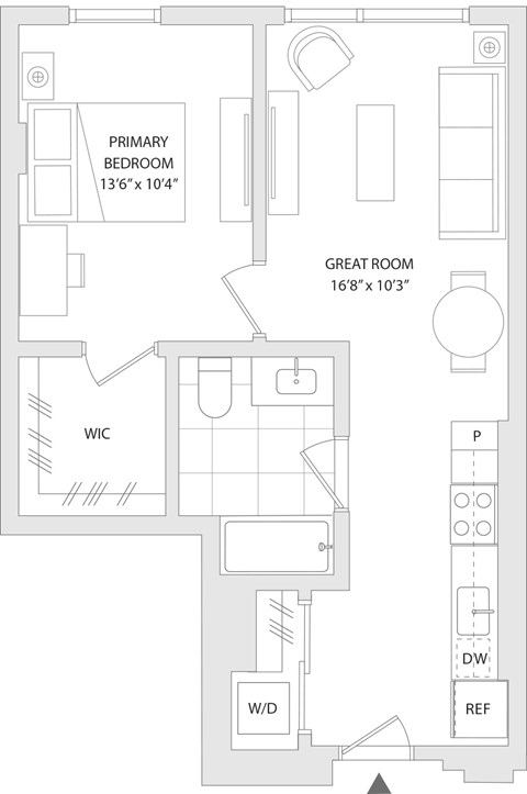 Floor plan for studio, 1 bath, 592 sqft