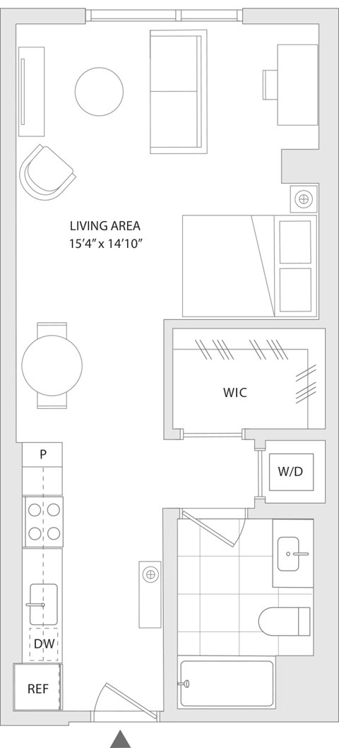 Floor plan for studio, 1 bath, 578 sqft