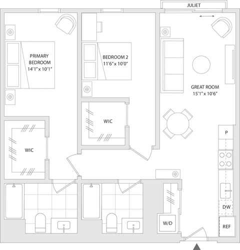 Floor plan for 2 beds, 2 baths, 1007 sqft