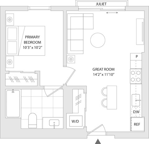 Floor plan for studio, 1 bath, 529 sqft