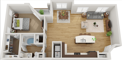 Floor plan for 1 bed, 1 bath, 909 sqft