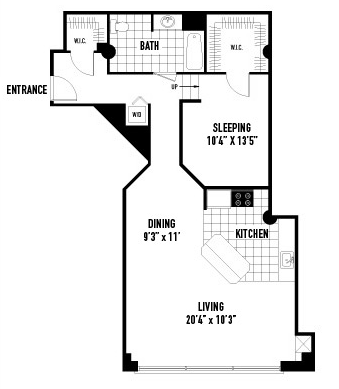 Floor plan for 1 bed, 1 bath, 903 sqft