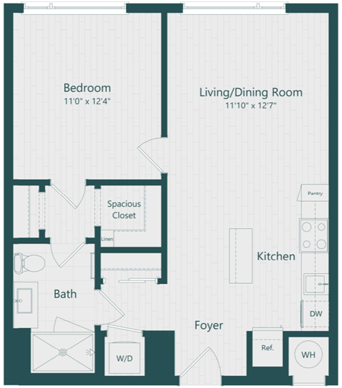 Floor plan for 1 bed, 1 bath, 666 sqft