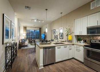 Wood-style flooring in living and dining areas