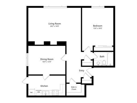 Floor plan for 1 bed, 1 bath, 1176 sqft