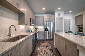 Flower Mound apartment for rent - a kitchen with marble counter tops and a stainless steel refrigerator