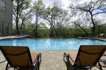 Richmond apartment for rent - Two chairs are facing a pool with trees in the background.